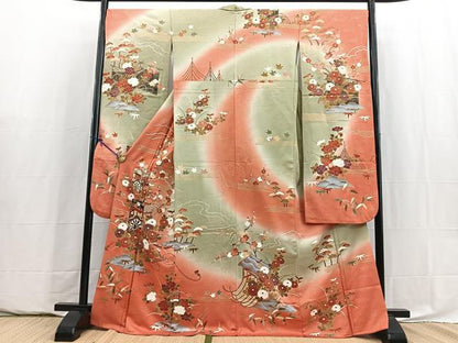 平和屋着物■豪華振袖　駒刺繍　松竹梅御所車花文　暈し染め　金彩　正絹　逸品　BAAY5909yc