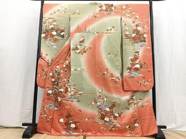 平和屋着物■豪華振袖　駒刺繍　松竹梅御所車花文　暈し染め　金彩　正絹　逸品　BAAY5909yc