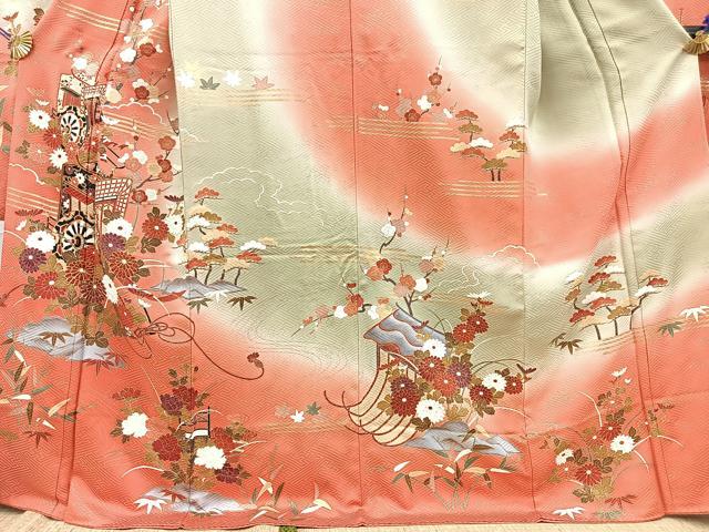 平和屋着物■豪華振袖　駒刺繍　松竹梅御所車花文　暈し染め　金彩　正絹　逸品　BAAY5909yc