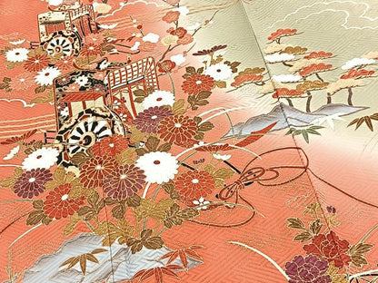 平和屋着物■豪華振袖　駒刺繍　松竹梅御所車花文　暈し染め　金彩　正絹　逸品　BAAY5909yc