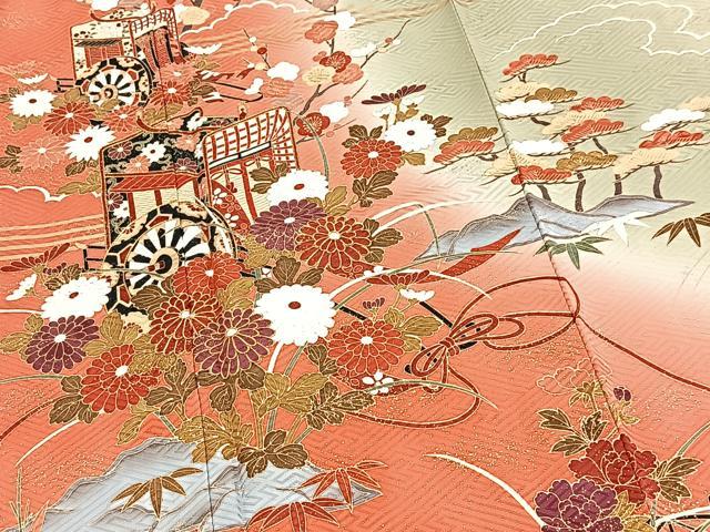 平和屋着物■豪華振袖　駒刺繍　松竹梅御所車花文　暈し染め　金彩　正絹　逸品　BAAY5909yc