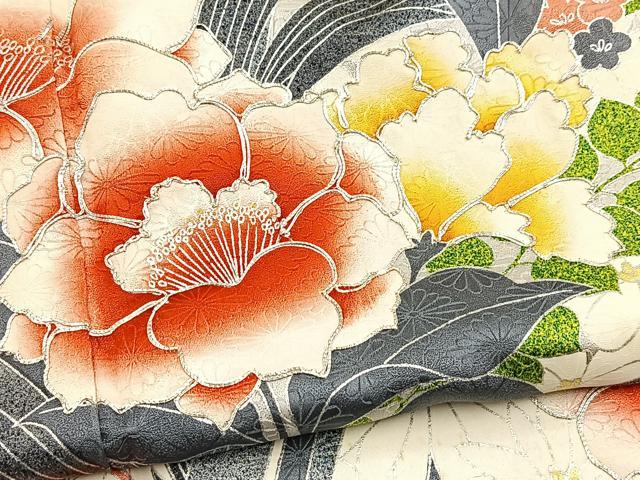 平和屋着物■豪華振袖　銀駒刺繍　草花文　金銀彩　正絹　逸品　BAAY5911yc