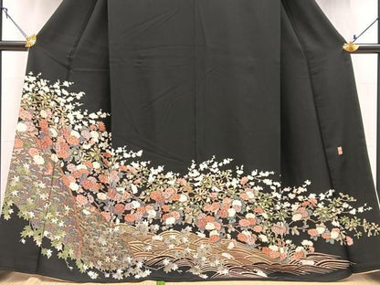 平和屋着物●豪華黒留袖　友禅　作家物　立波花文　正絹　逸品　BAAY5921yc
