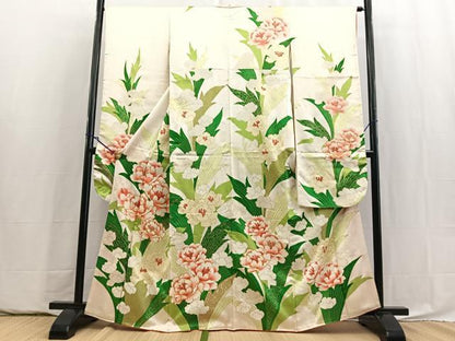 平和屋着物■豪華振袖　駒刺繍　草花文　金彩　正絹　逸品　BAAY5928yc