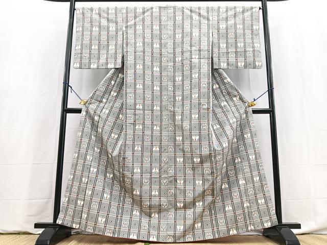 平和屋着物■上質な紬　花蝶文　正絹　逸品　BAAY5987yc
