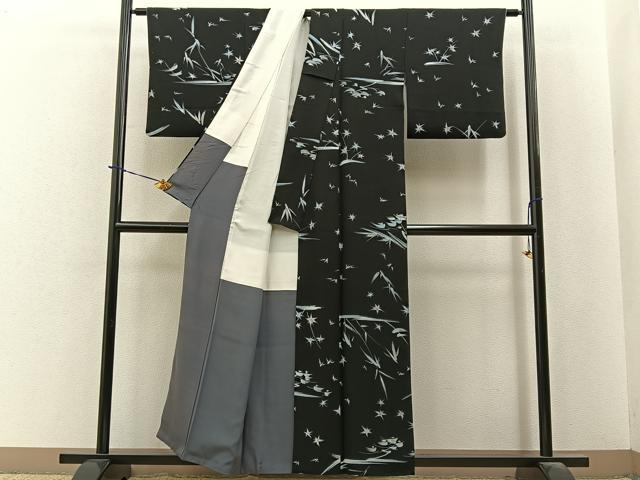 平和屋着物■上質な小紋　手描き　笹花文　黒地　正絹　逸品　BAAY6010hj