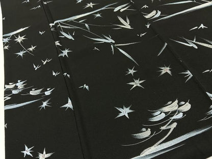 平和屋着物■上質な小紋　手描き　笹花文　黒地　正絹　逸品　BAAY6010hj