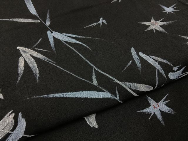 平和屋着物■上質な小紋　手描き　笹花文　黒地　正絹　逸品　BAAY6010hj