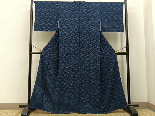 平和屋着物●訪問着　藍　型染め　菊唐草文　正絹　逸品　BAAY6020hj