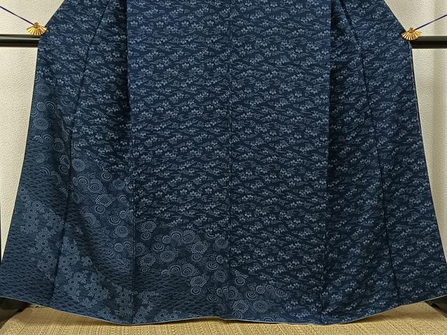 平和屋着物●訪問着　藍　型染め　菊唐草文　正絹　逸品　BAAY6020hj