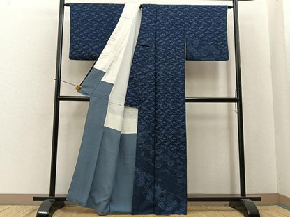 平和屋着物●訪問着　藍　型染め　菊唐草文　正絹　逸品　BAAY6020hj