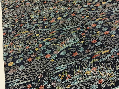 平和屋着物■上質な小紋　型染め　流水草花文　濃紺地　正絹　逸品　BAAY6069hj