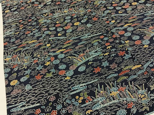 平和屋着物■上質な小紋　型染め　流水草花文　濃紺地　正絹　逸品　BAAY6069hj