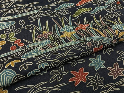 平和屋着物■上質な小紋　型染め　流水草花文　濃紺地　正絹　逸品　BAAY6069hj