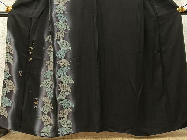 平和屋着物●訪問着　刺繍　銀杏　暈し染め　黒地　金彩　正絹　逸品　BAAY6070hj