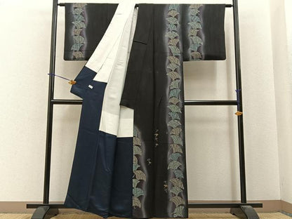 平和屋着物●訪問着　刺繍　銀杏　暈し染め　黒地　金彩　正絹　逸品　BAAY6070hj