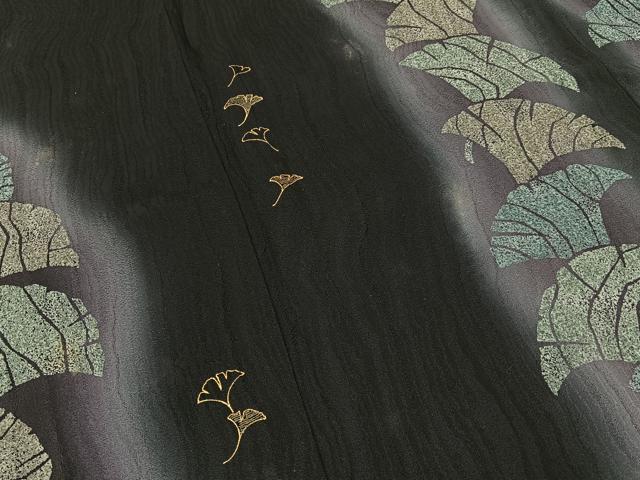 平和屋着物●訪問着　刺繍　銀杏　暈し染め　黒地　金彩　正絹　逸品　BAAY6070hj
