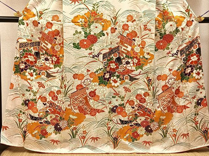 平和屋着物●訪問着　駒刺繍　流水几帳花文　金彩　正絹　逸品　BAAY6078hj