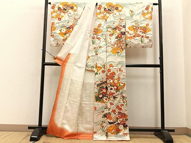 平和屋着物●訪問着　駒刺繍　流水几帳花文　金彩　正絹　逸品　BAAY6078hj