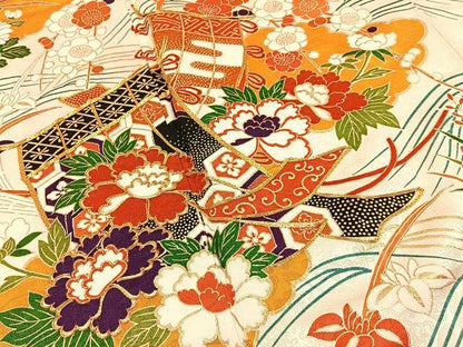 平和屋着物●訪問着　駒刺繍　流水几帳花文　金彩　正絹　逸品　BAAY6078hj