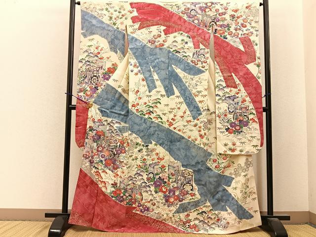 平和屋着物■豪華振袖　駒刺繍　束ね熨斗御所車花文　金彩　正絹　逸品　BAAY6083hj