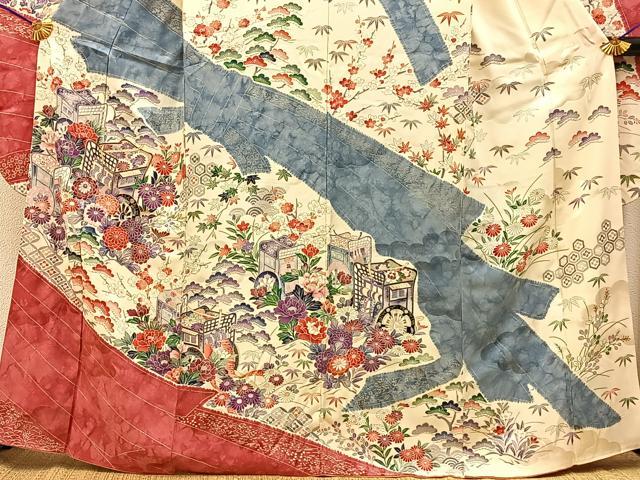 平和屋着物■豪華振袖　駒刺繍　束ね熨斗御所車花文　金彩　正絹　逸品　BAAY6083hj