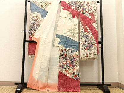 平和屋着物■豪華振袖　駒刺繍　束ね熨斗御所車花文　金彩　正絹　逸品　BAAY6083hj