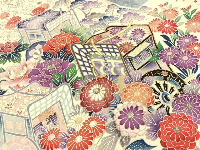 平和屋着物■豪華振袖　駒刺繍　束ね熨斗御所車花文　金彩　正絹　逸品　BAAY6083hj