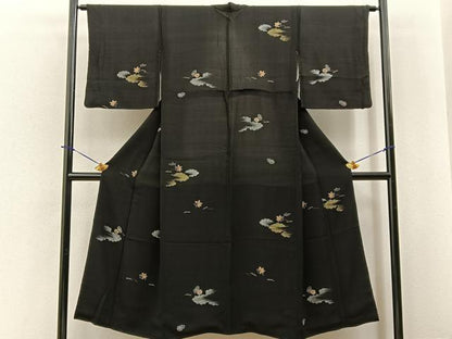 平和屋着物■上質な小紋　吹き寄せ文　黒地　金彩　正絹　逸品　BAAY6086hj