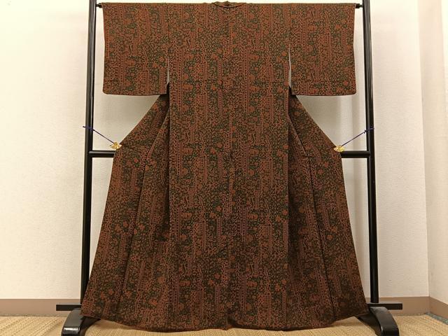 平和屋着物■上質な小紋　花唐草文　鬼しぼ縮緬　正絹　逸品　BAAY6101hj