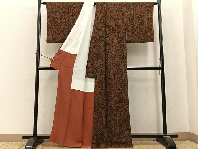 平和屋着物■上質な小紋　花唐草文　鬼しぼ縮緬　正絹　逸品　BAAY6101hj