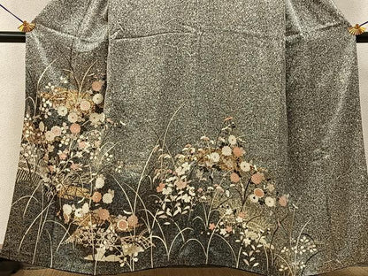 平和屋着物●訪問着　籬秋草文　たたき染め　黒地　金彩　正絹　逸品　BAAY6112hj