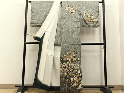 平和屋着物●訪問着　籬秋草文　たたき染め　黒地　金彩　正絹　逸品　BAAY6112hj
