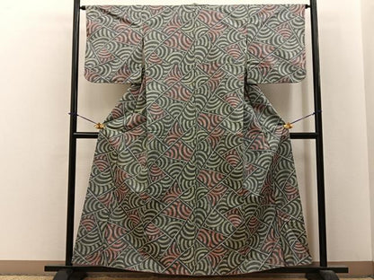 平和屋着物■上質な紬　切嵌青海波文様　正絹　逸品　BAAY6126hj