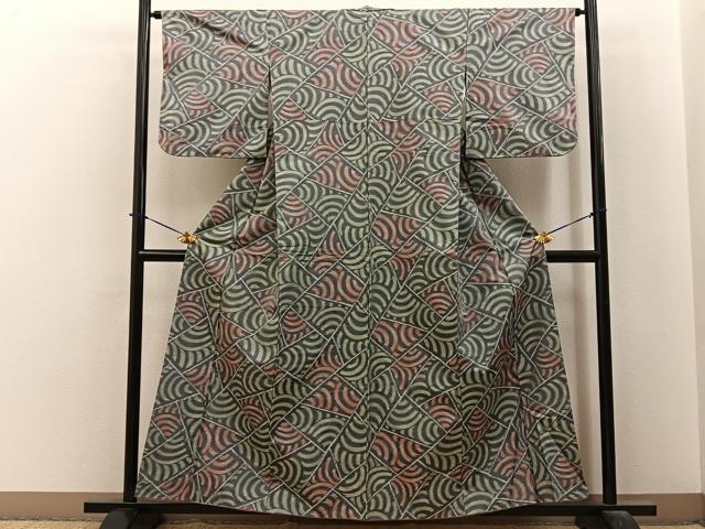 平和屋着物■上質な紬　切嵌青海波文様　正絹　逸品　BAAY6126hj