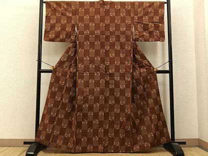 平和屋着物■上質な紬　市松あられ文様　正絹　逸品　BAAY6132hj