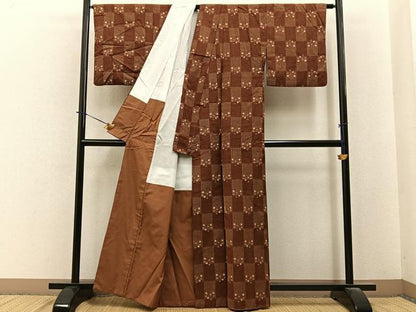 平和屋着物■上質な紬　市松あられ文様　正絹　逸品　BAAY6132hj