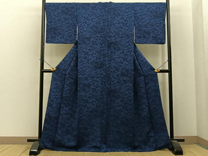 平和屋着物●上質な小紋　藍　型染め　松竹梅　流水花文　正絹　逸品　BAAY6136hj