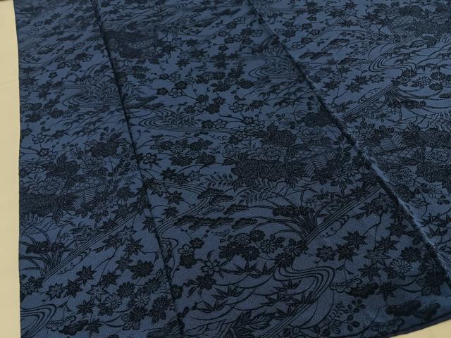 平和屋着物●上質な小紋　藍　型染め　松竹梅　流水花文　正絹　逸品　BAAY6136hj