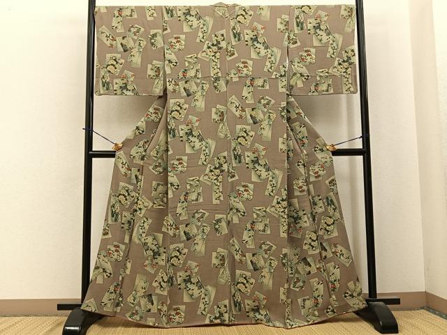 平和屋着物■上質な小紋　短冊花鳥文　金彩　鬼しぼ縮緬　正絹　逸品　BAAY6146hj