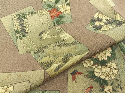 平和屋着物■上質な小紋　短冊花鳥文　金彩　鬼しぼ縮緬　正絹　逸品　BAAY6146hj