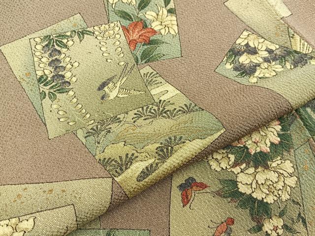 平和屋着物■上質な小紋　短冊花鳥文　金彩　鬼しぼ縮緬　正絹　逸品　BAAY6146hj