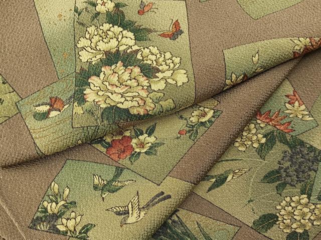 平和屋着物■上質な小紋　短冊花鳥文　金彩　鬼しぼ縮緬　正絹　逸品　BAAY6146hj