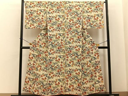 平和屋着物■上質な小紋　型染め　流水花鳥文　鬼しぼ縮緬　正絹　逸品　BAAY6174hj