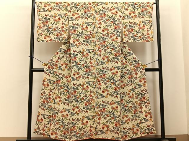 平和屋着物■上質な小紋　型染め　流水花鳥文　鬼しぼ縮緬　正絹　逸品　BAAY6174hj