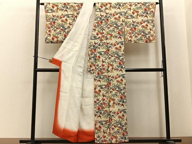 平和屋着物■上質な小紋　型染め　流水花鳥文　鬼しぼ縮緬　正絹　逸品　BAAY6174hj