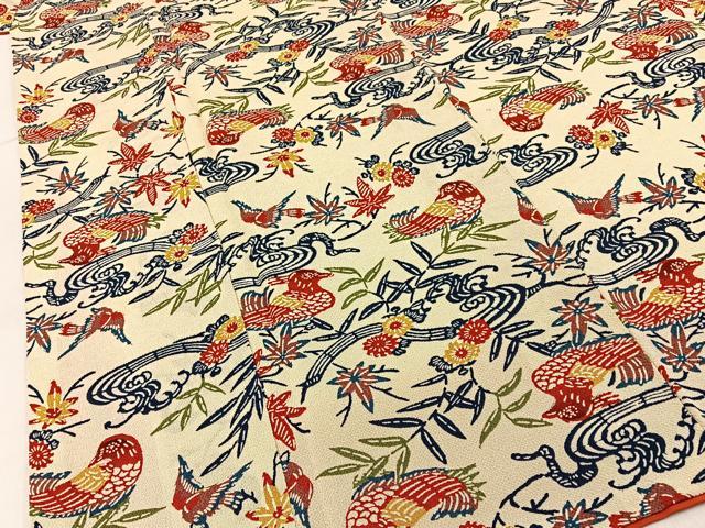 平和屋着物■上質な小紋　型染め　流水花鳥文　鬼しぼ縮緬　正絹　逸品　BAAY6174hj