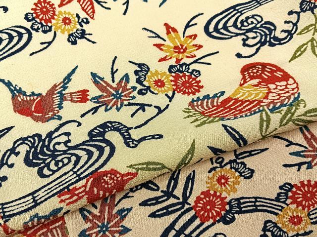 平和屋着物■上質な小紋　型染め　流水花鳥文　鬼しぼ縮緬　正絹　逸品　BAAY6174hj