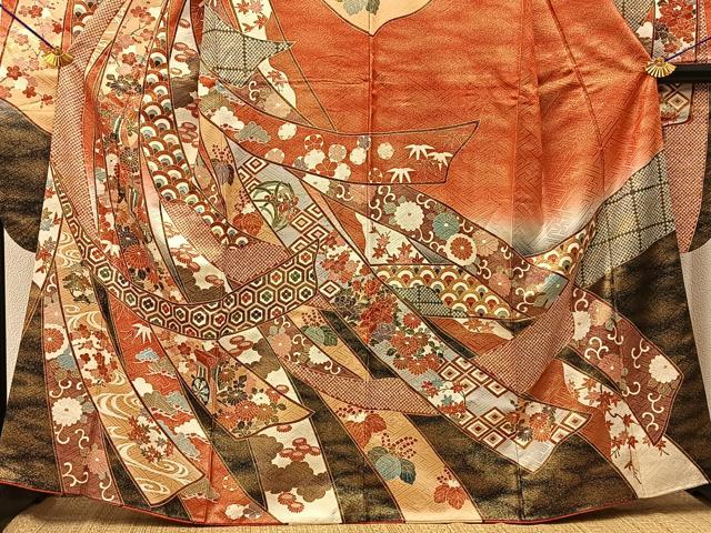 平和屋着物●豪華振袖　駒刺繍　束ね熨斗御所車花文　暈し染め　金彩　正絹　逸品　BAAY6180hj