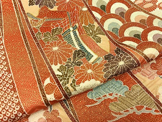 平和屋着物●豪華振袖　駒刺繍　束ね熨斗御所車花文　暈し染め　金彩　正絹　逸品　BAAY6180hj